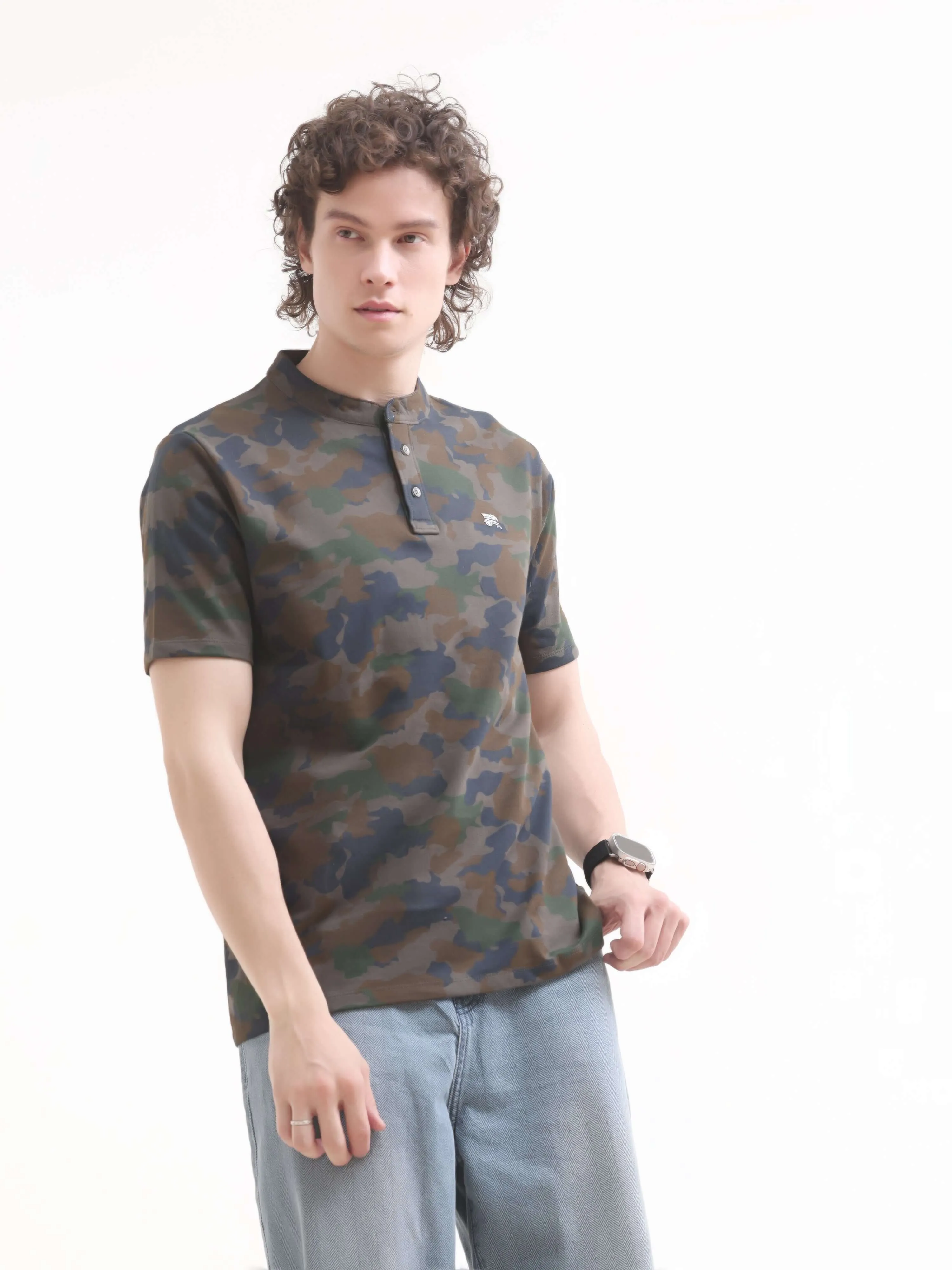 Camo Navy Blue Henley T-shirt