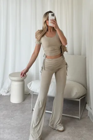 Casey beige ruched top and fold over trouser co-ord