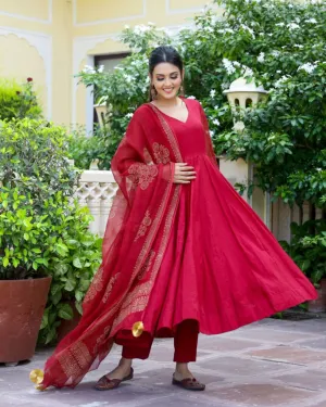 Cherry Red Gold Handblock Anarkali Set (Set of 3)