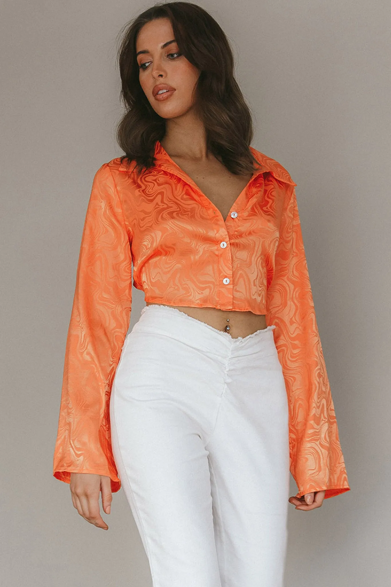 Ciara Flared Sleeve Tied Back Top Orange