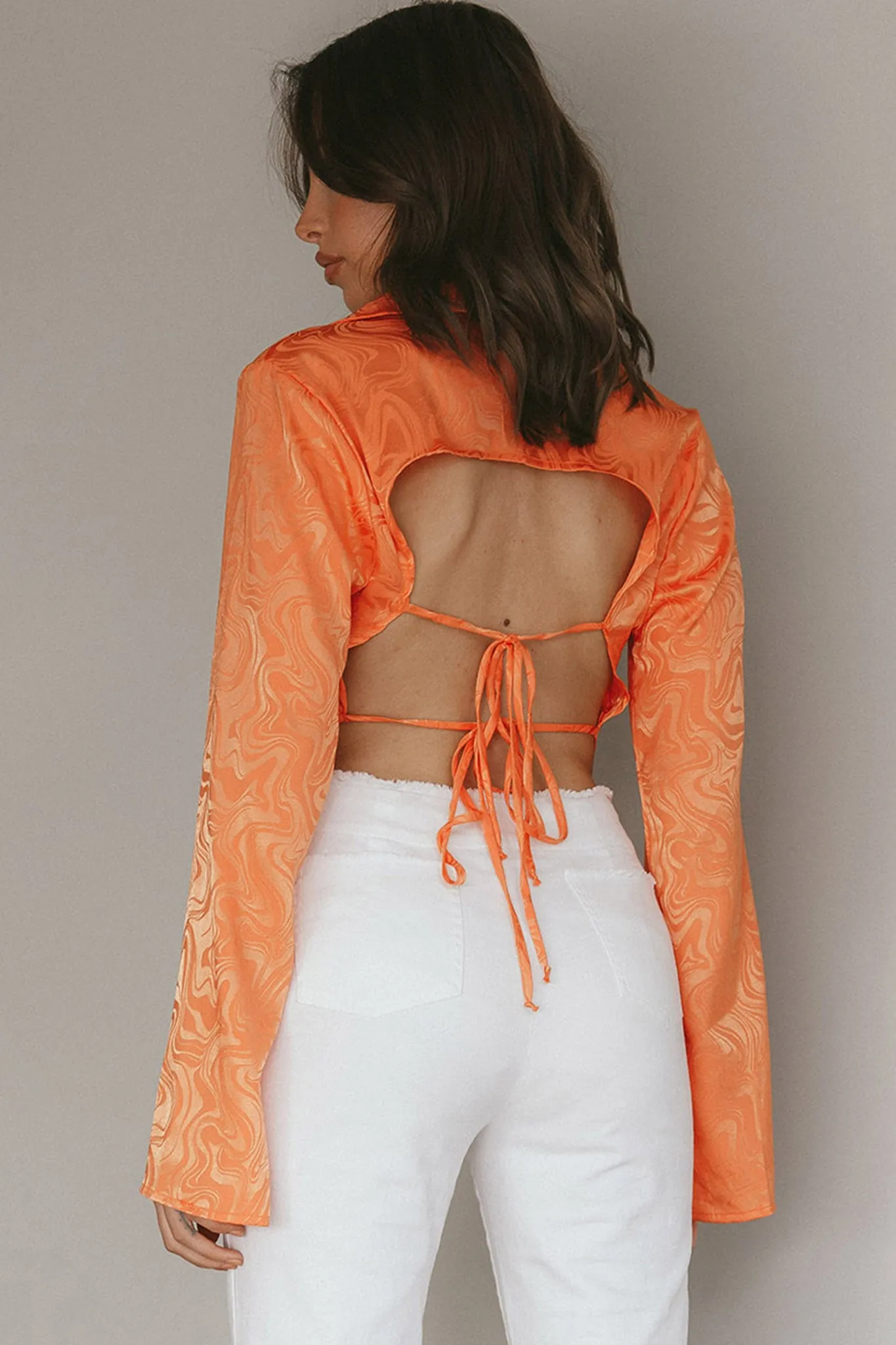 Ciara Flared Sleeve Tied Back Top Orange