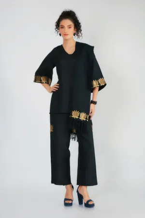 Classic Black Lotus Embroidered Pure Linen Pants Set