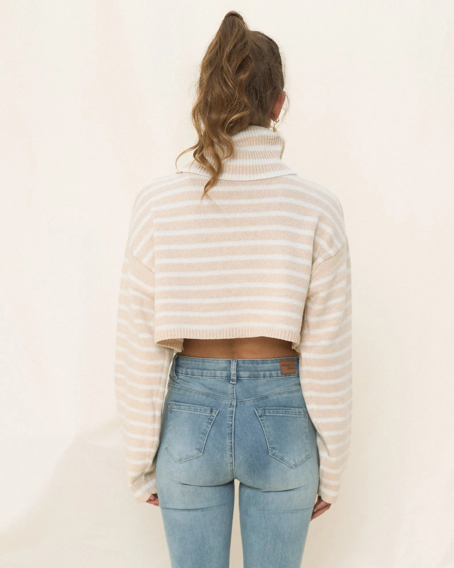 Coby Beige White Stripe Cropped Knit Jumper