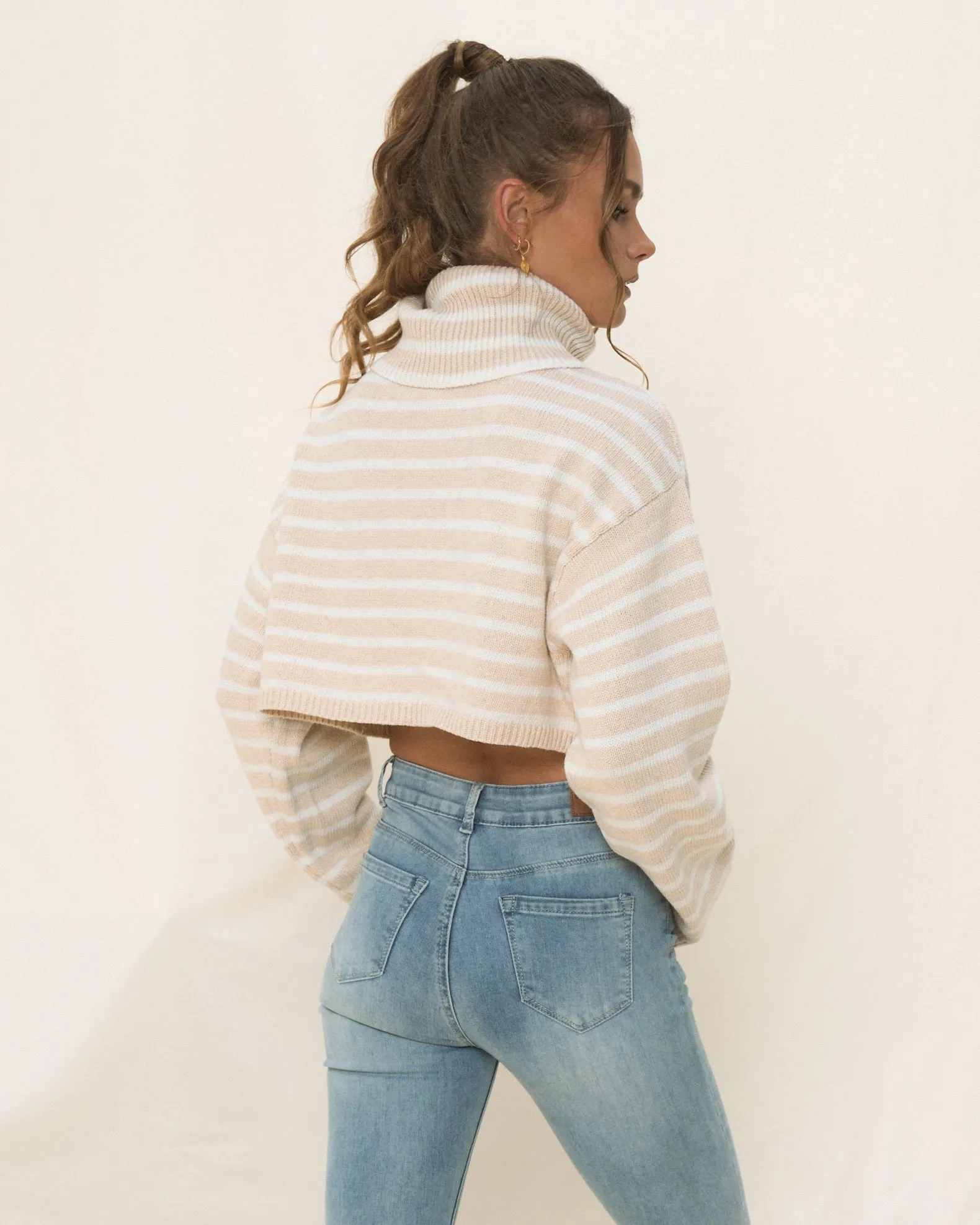 Coby Beige White Stripe Cropped Knit Jumper