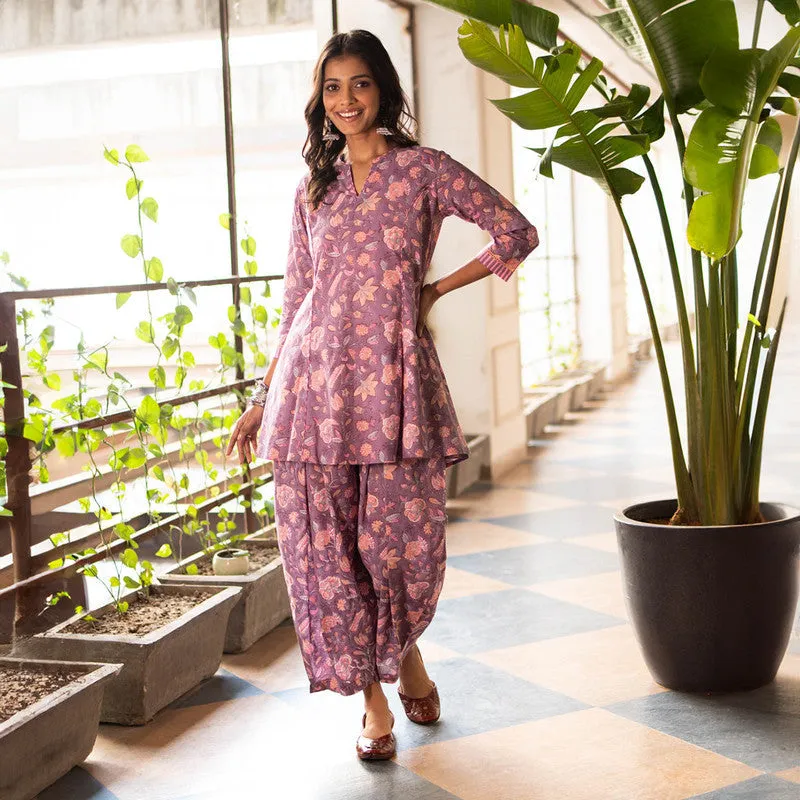 Cotton Short Kurta Set for Women | Purple | Block Printed