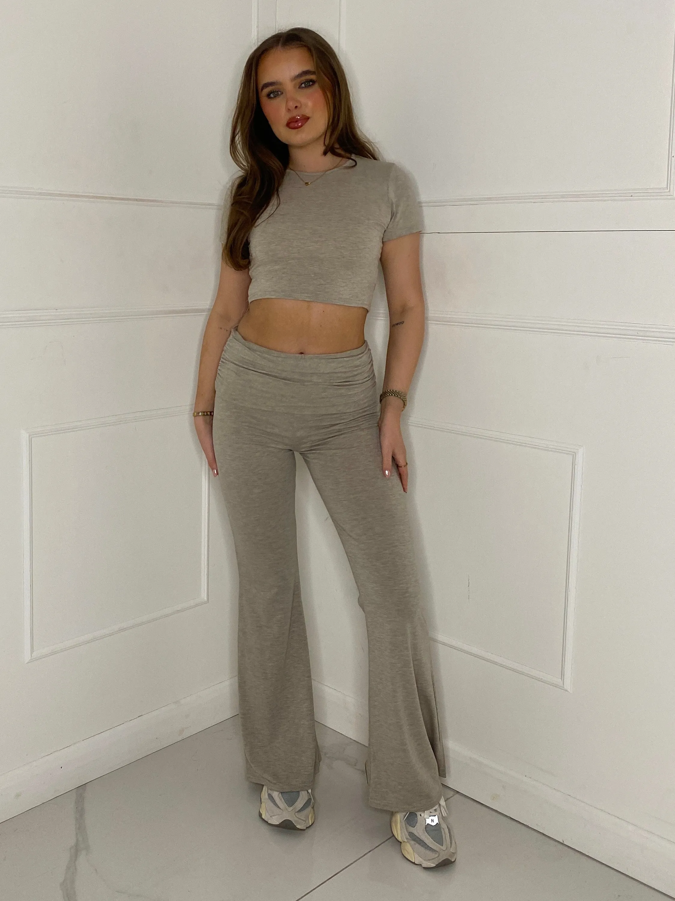 Crop Tee & Fold Over Flares Loungesuit - Beige