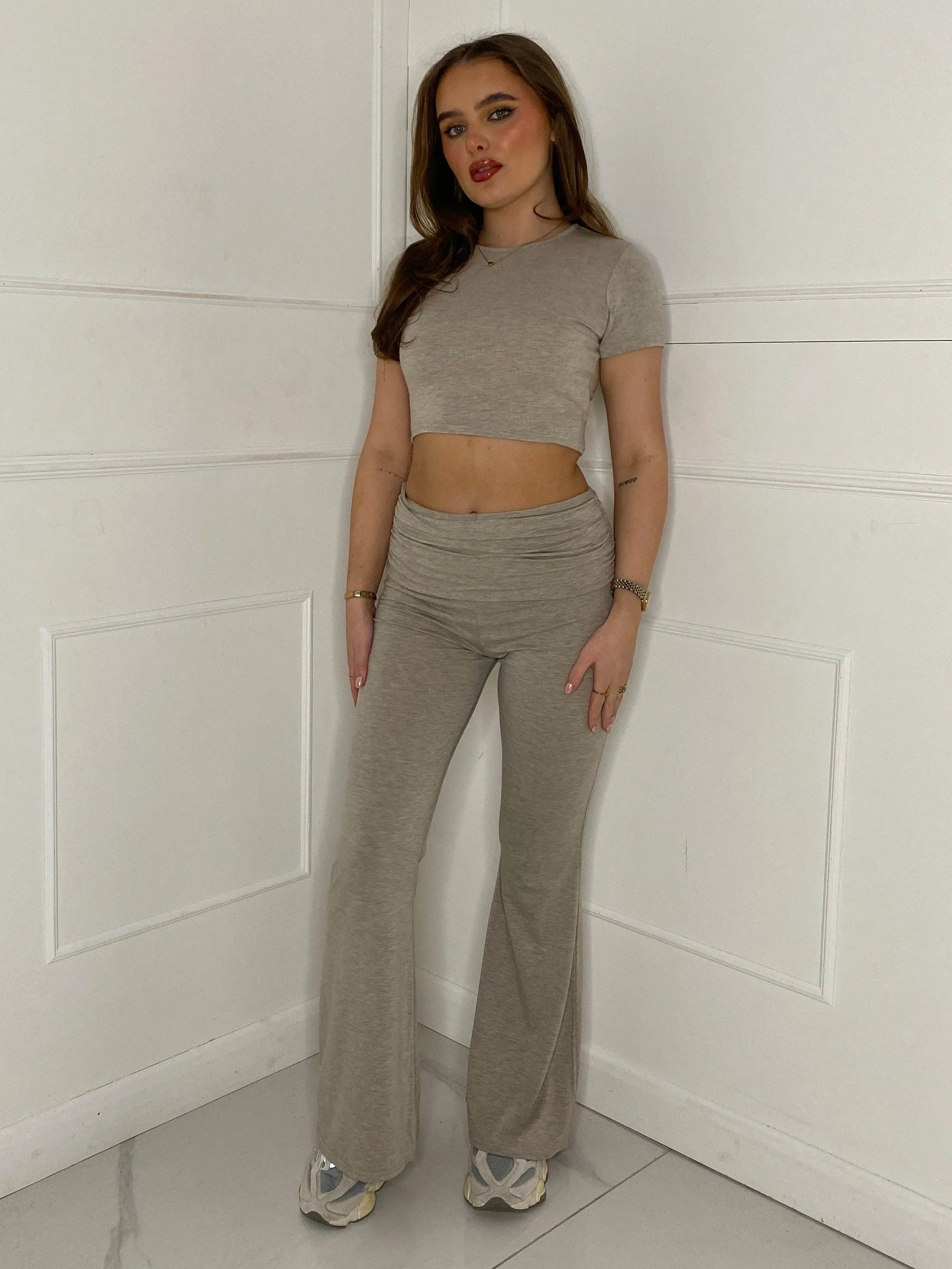 Crop Tee & Fold Over Flares Loungesuit - Beige