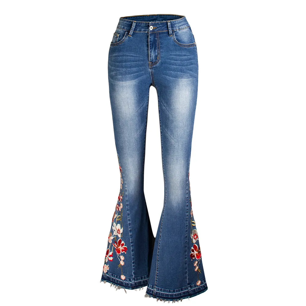 Dark Blue Flared Embroidery Detail Women Denim Jeans