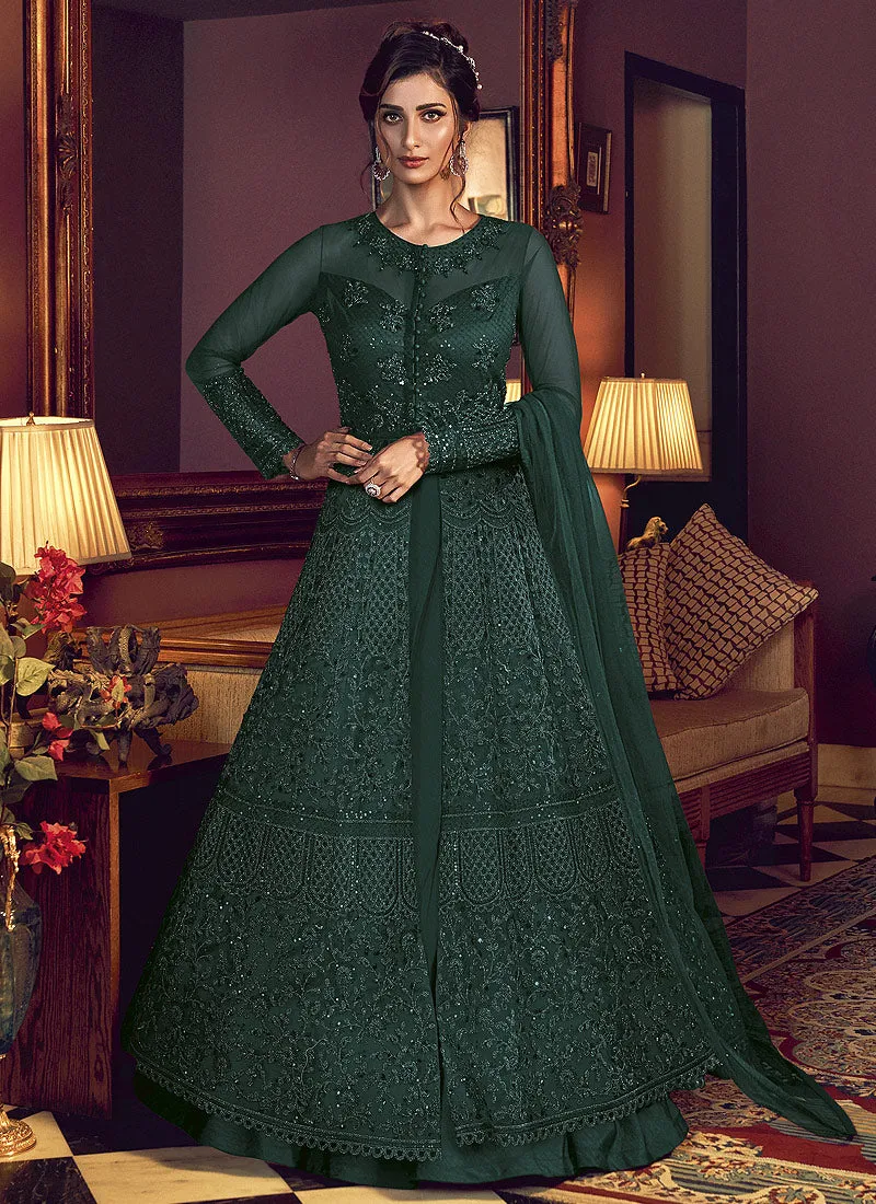 Dark Green Motif Embroidered Jacket Style Anarkali Pant