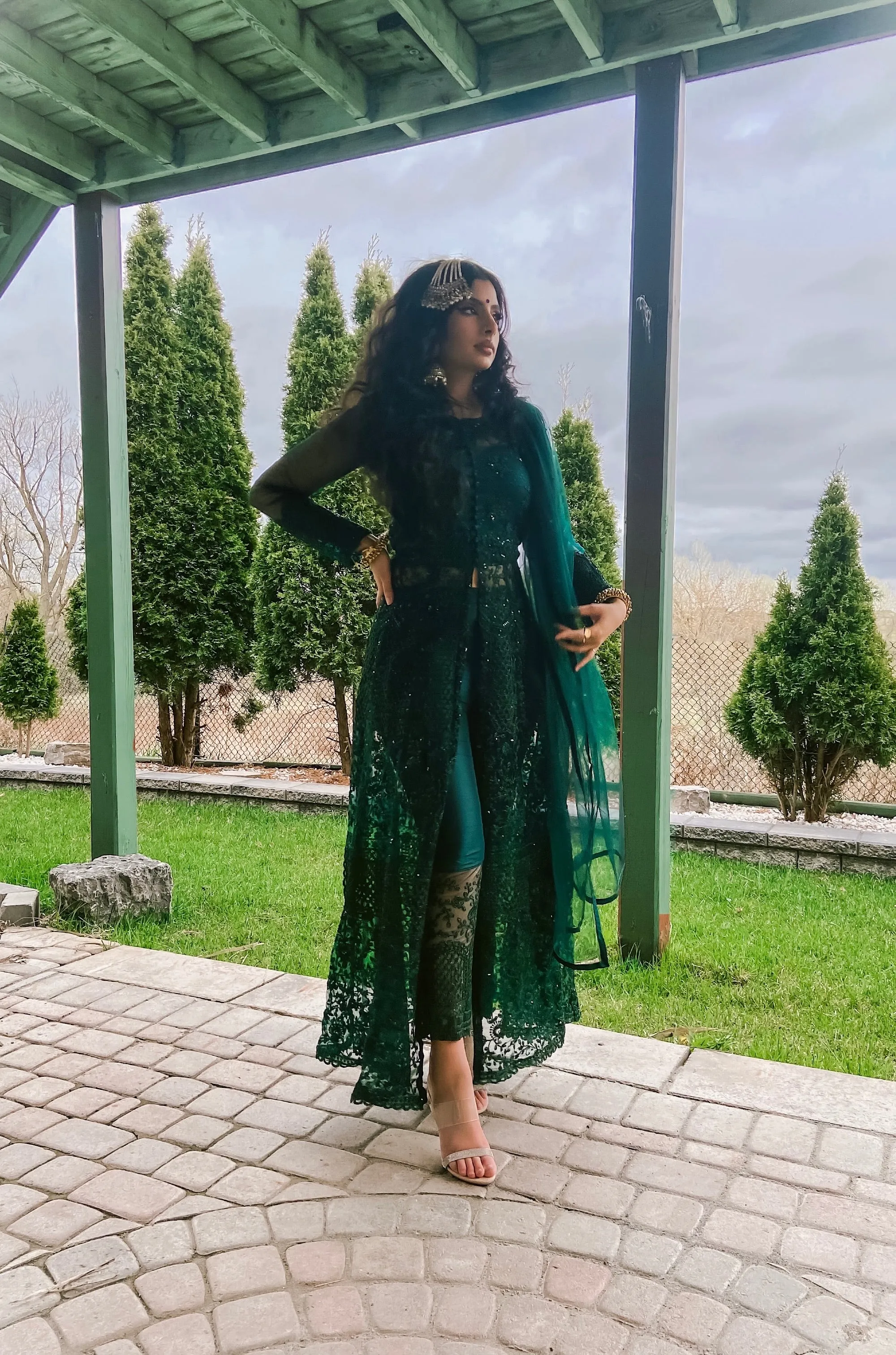 Dark Green Motif Embroidered Jacket Style Anarkali Pant