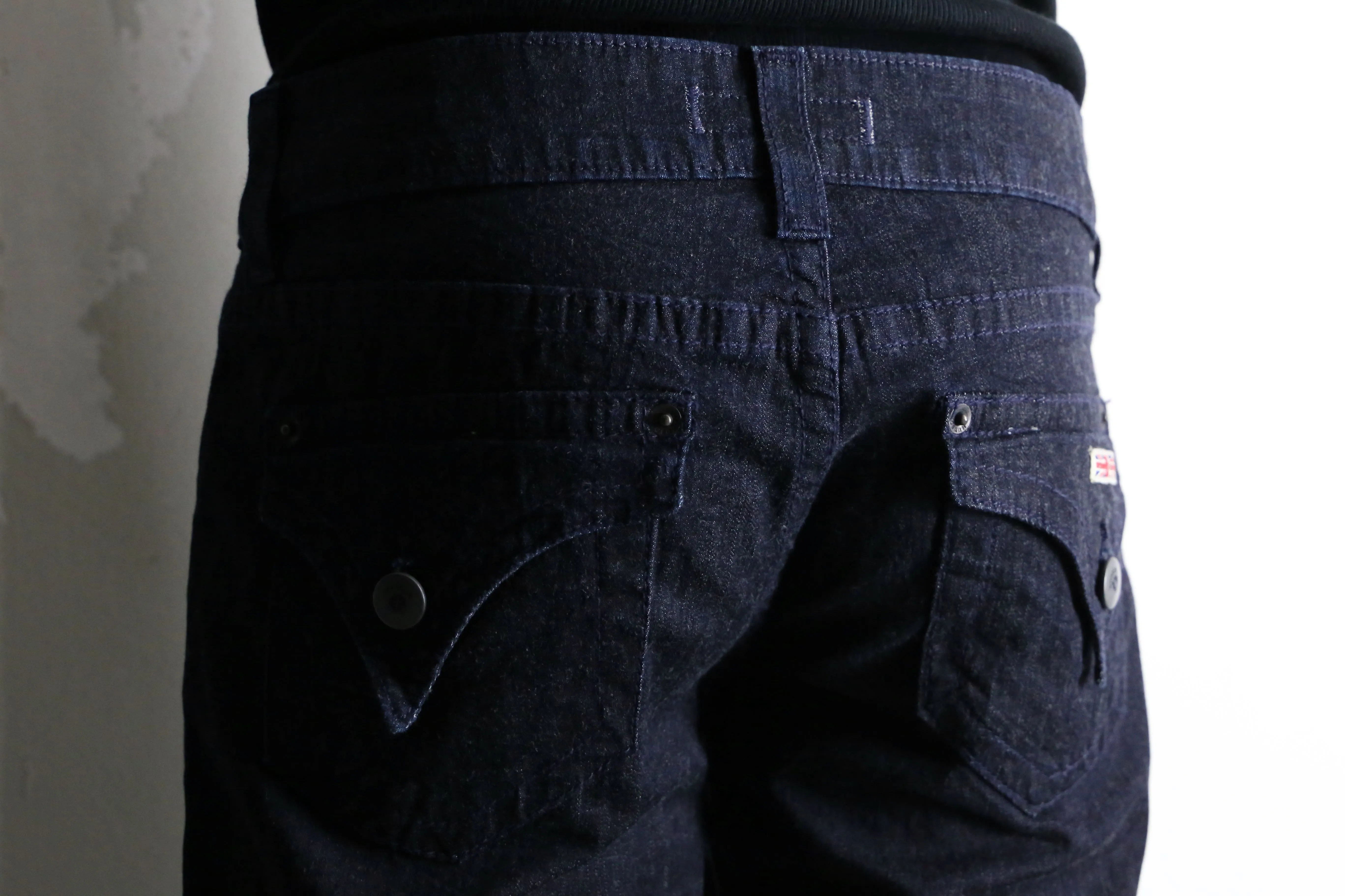 dark indigo buggy flare denim pants