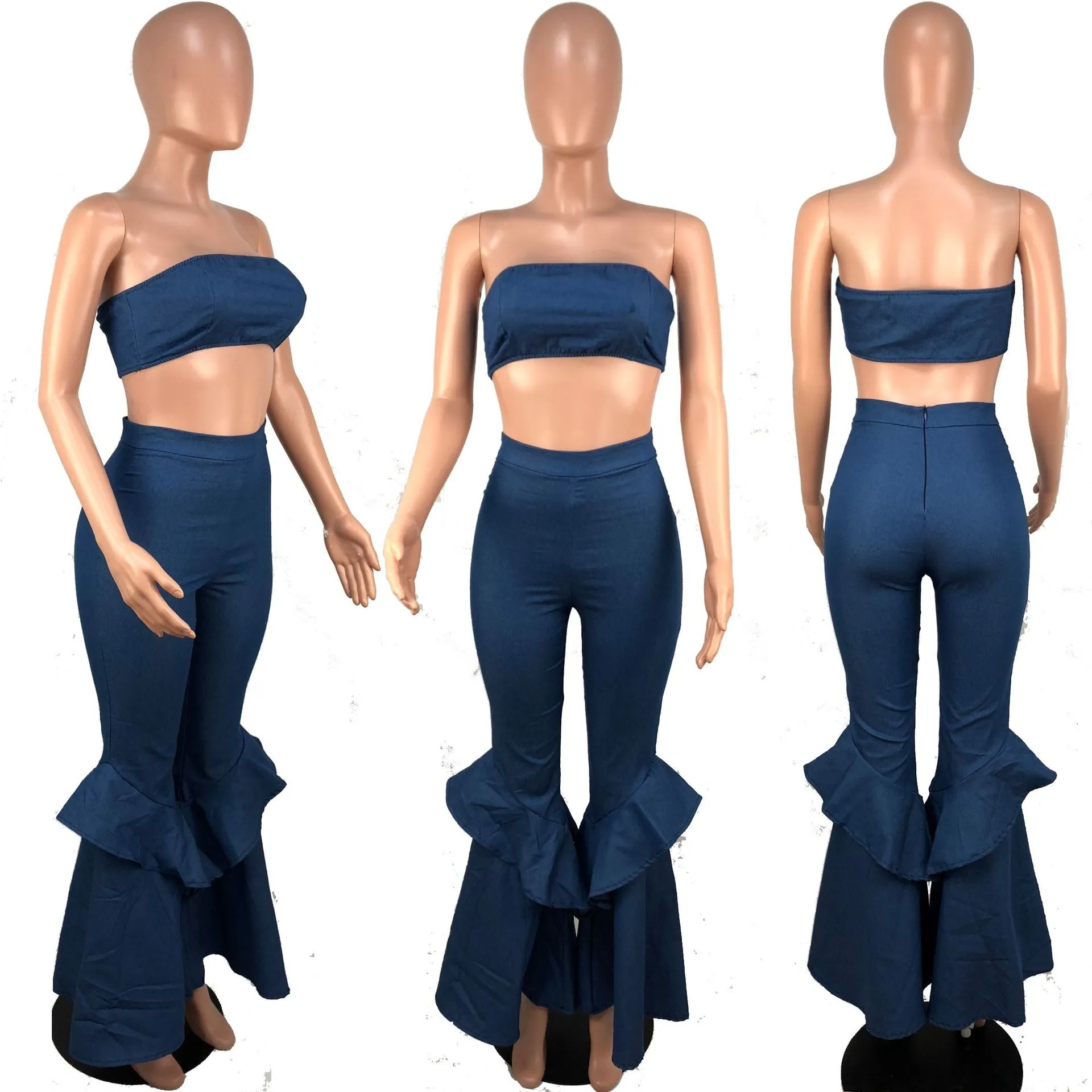 Denim tube top flared pants set（AY2219）