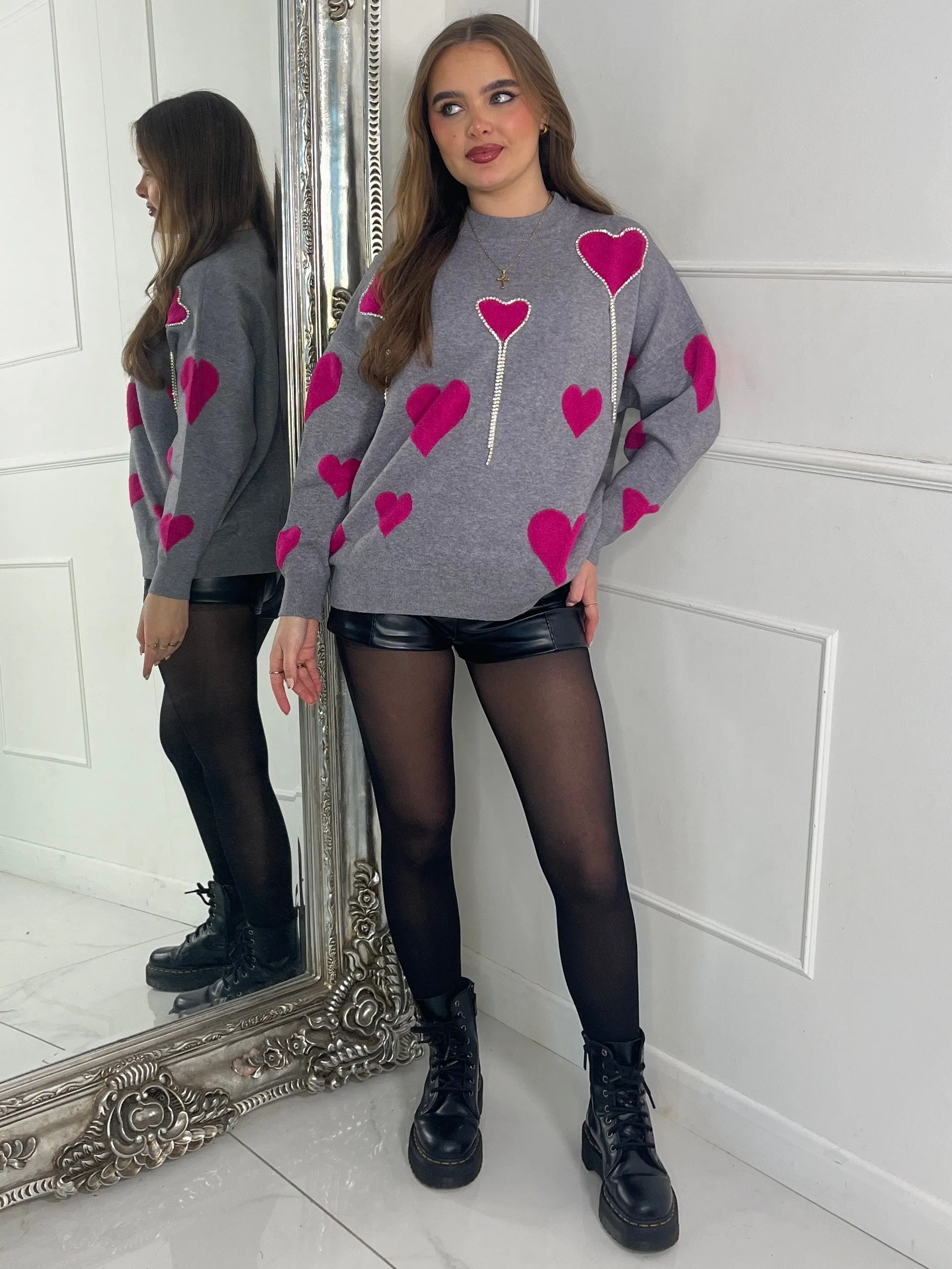 Diamante Heart Jumper - Grey W Cerise Hearts