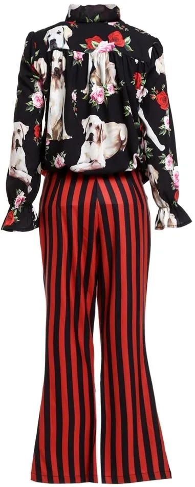 Dog & Floral Print Blouse with Striped Flared Pants