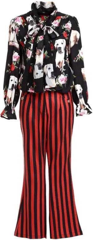 Dog & Floral Print Blouse with Striped Flared Pants