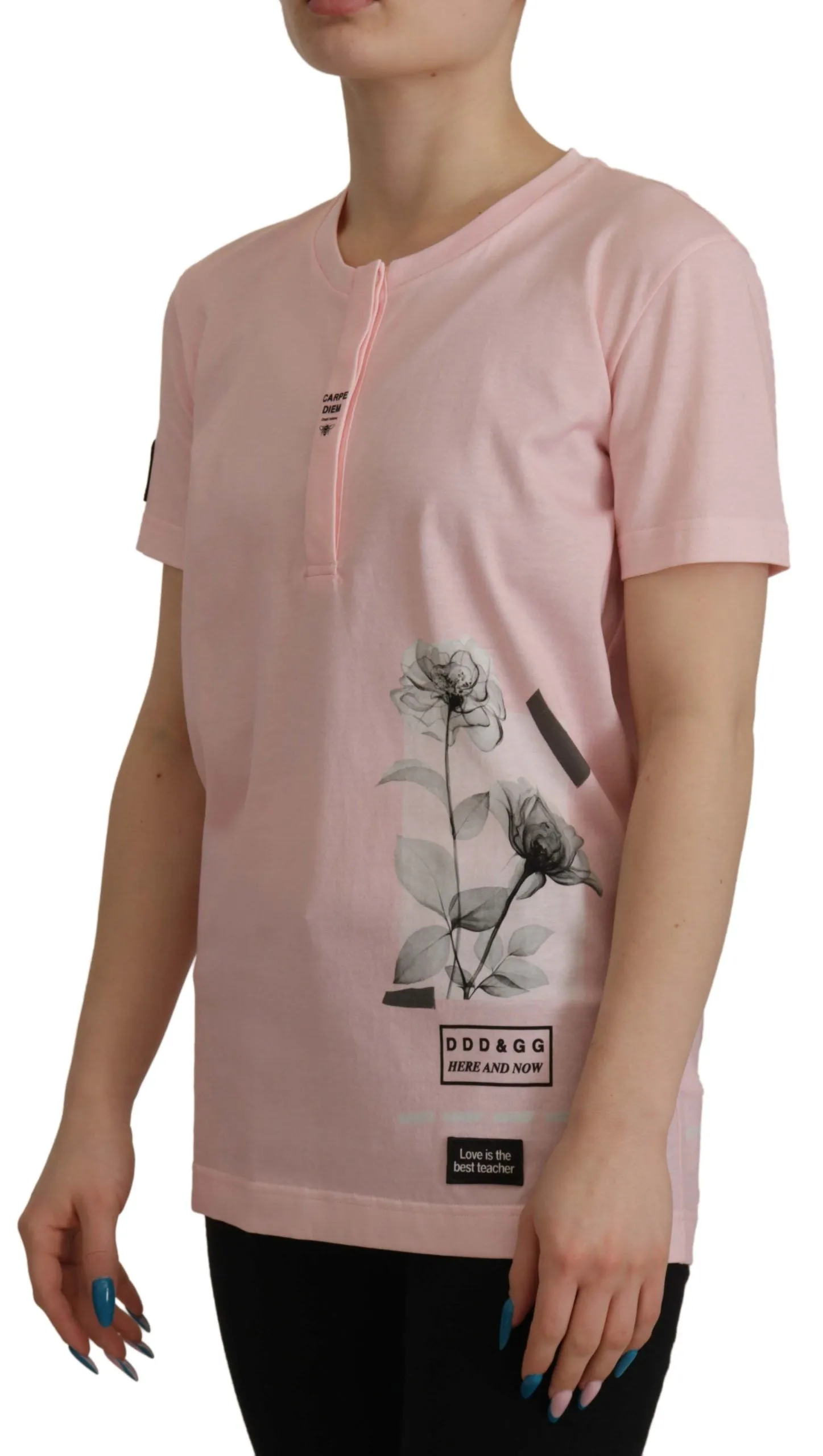 Dolce & Gabbana Pink Floral Cotton Henley Cotton  T-shirt