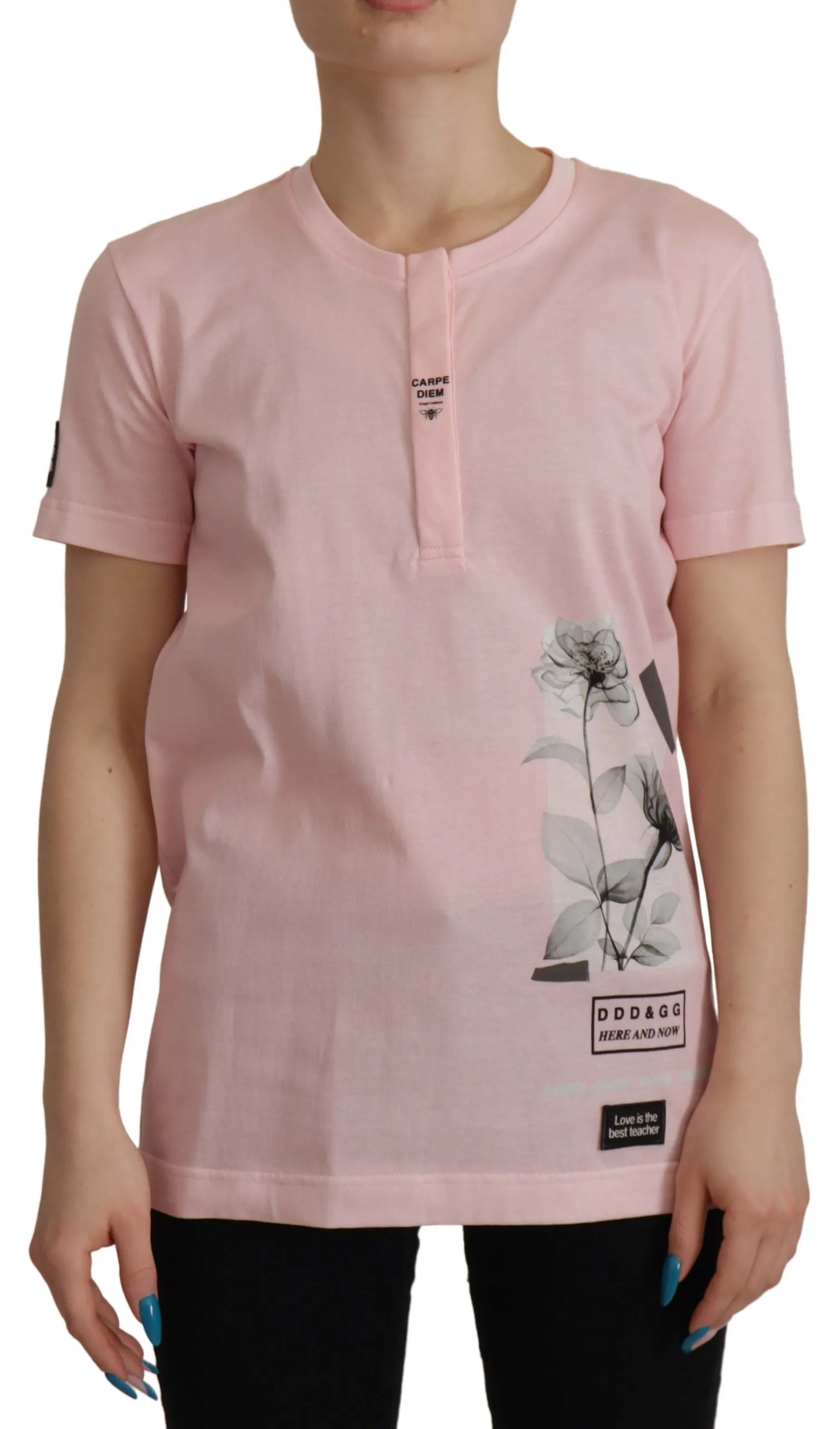 Dolce & Gabbana Pink Floral Cotton Henley Cotton  T-shirt