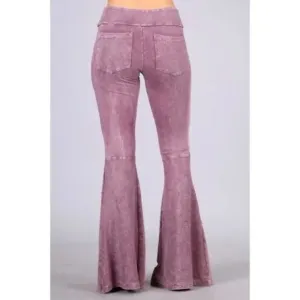 Dusty Rose Mineral Wash French Terry Flared Bell Bottom Pull On Pants w/ Pockets