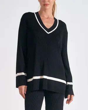 Elan V-Neck Contrast Stripe Sweater