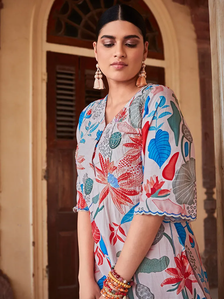 Embellished Peach Kurta With Muslin Printed Trousers