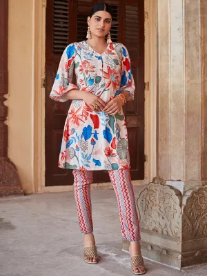 Embellished Peach Kurta With Muslin Printed Trousers