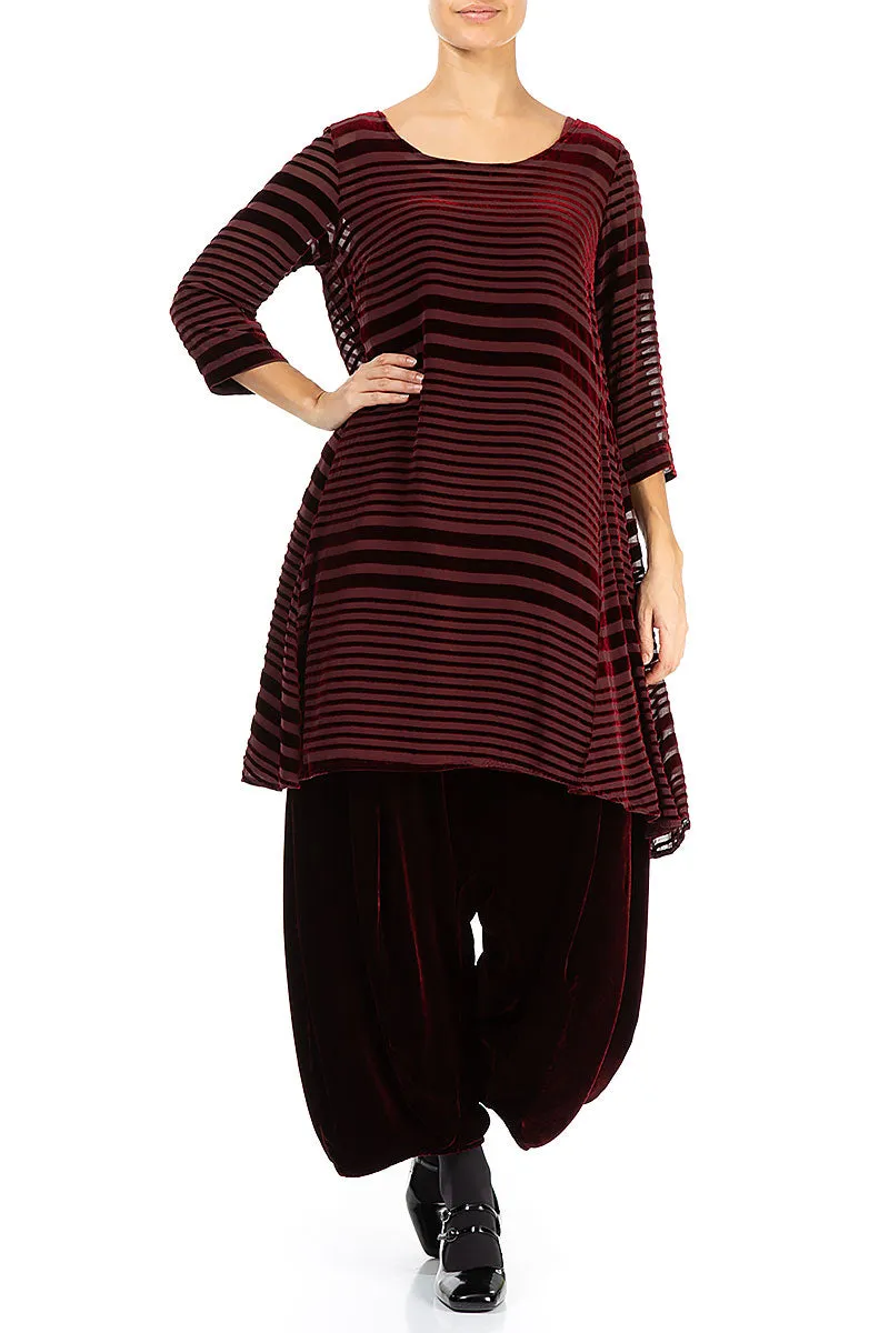 Flared Striped Devoré Dark Red Silk Velvet Tunic Dress