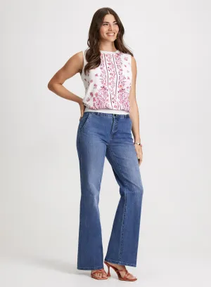 Floral Sleeveless Top & Flared Denim Pants