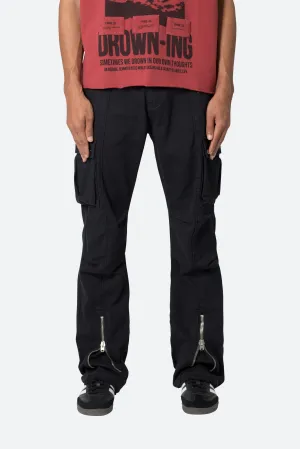 Front Zip Flare Cargo Pants - Black