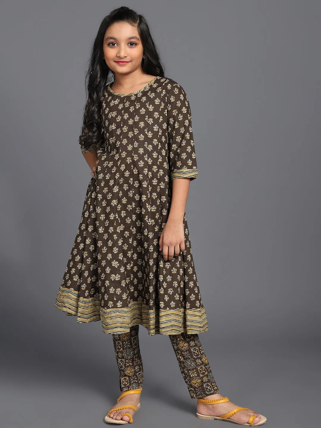 Girl's Dark Olive Printed Anarkali & Jacket With Pant Set - Aks Girls