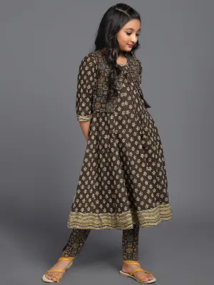 Girl's Dark Olive Printed Anarkali & Jacket With Pant Set - Aks Girls