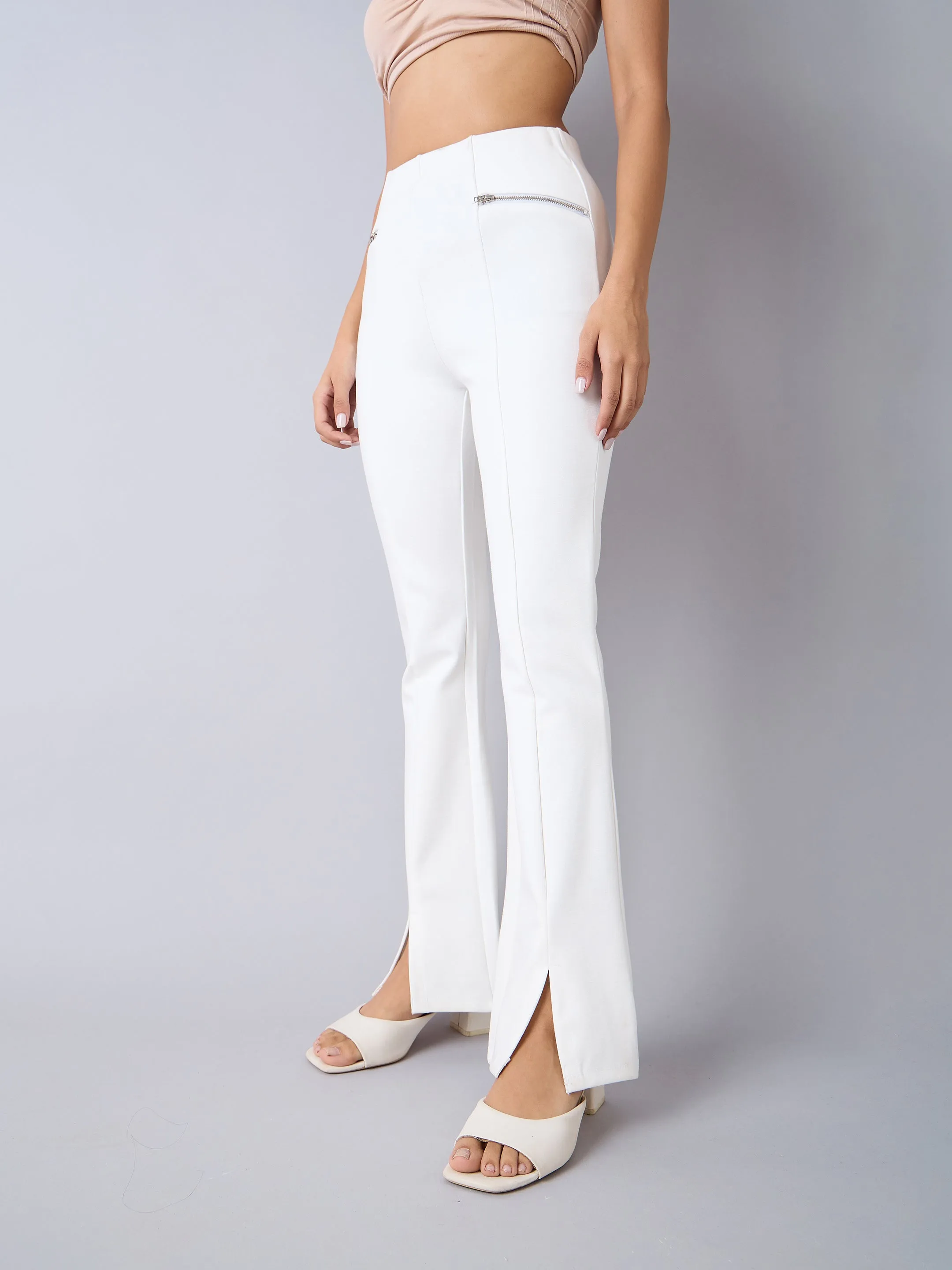 Girls White Front Slit Bell Bottom Zipper Detail Pants