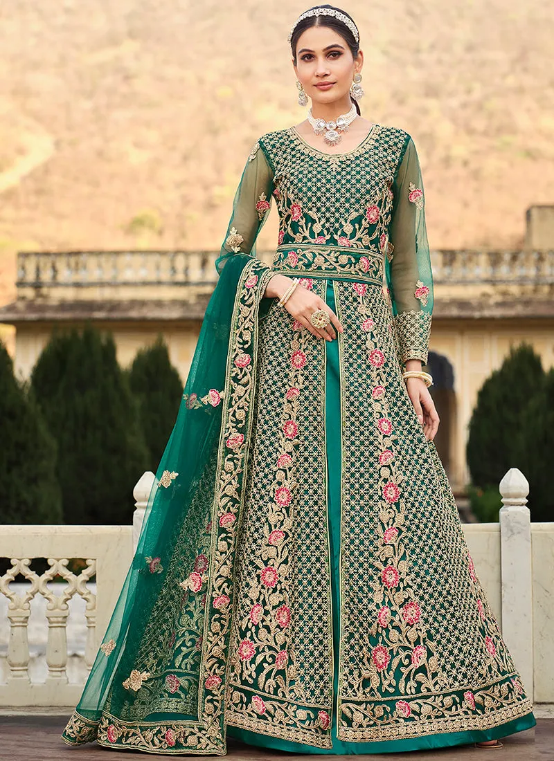 Green Multi Embroidery Slit Style Anarkali Lehenga