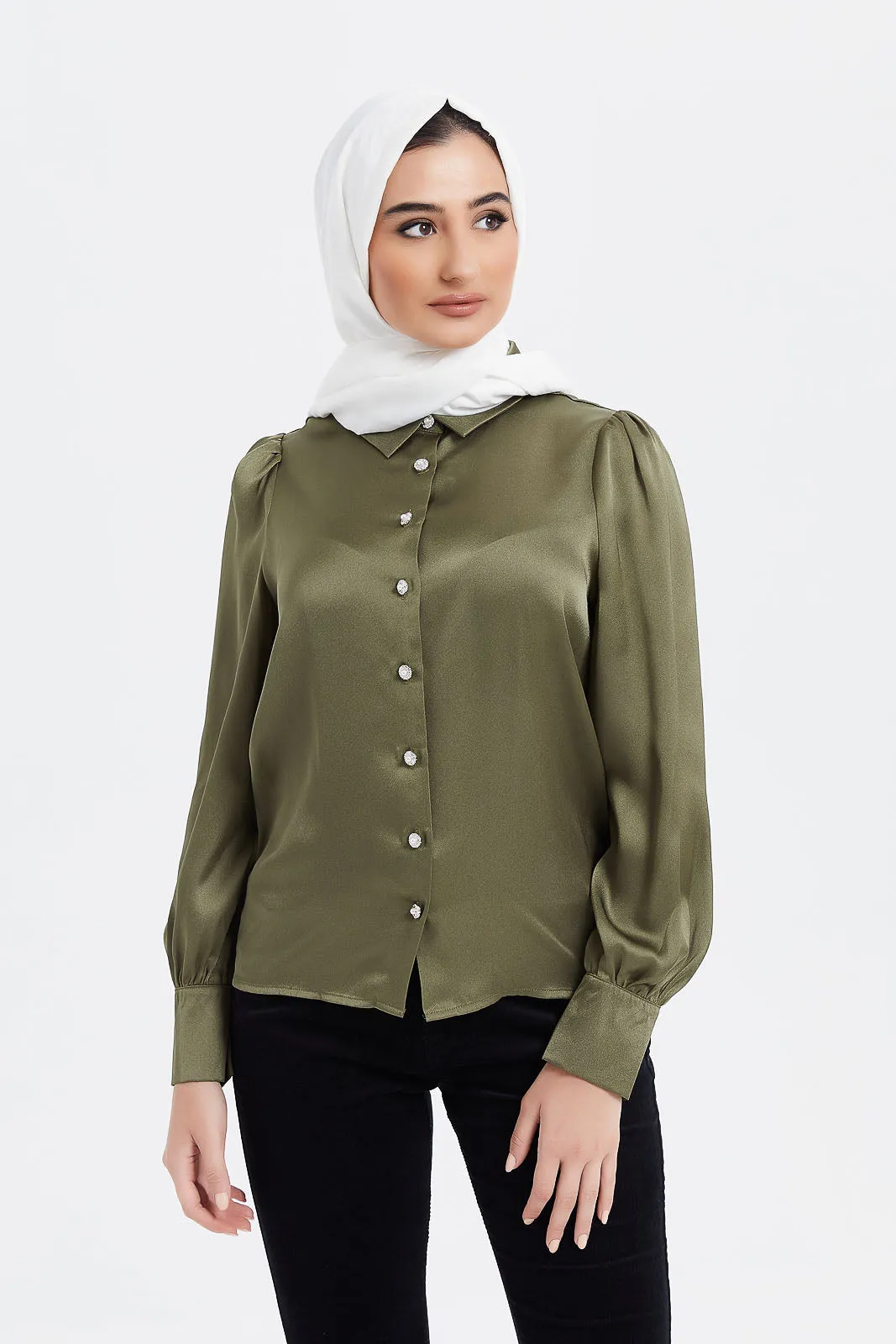 Green Satin Shirt With Embellished Buttons