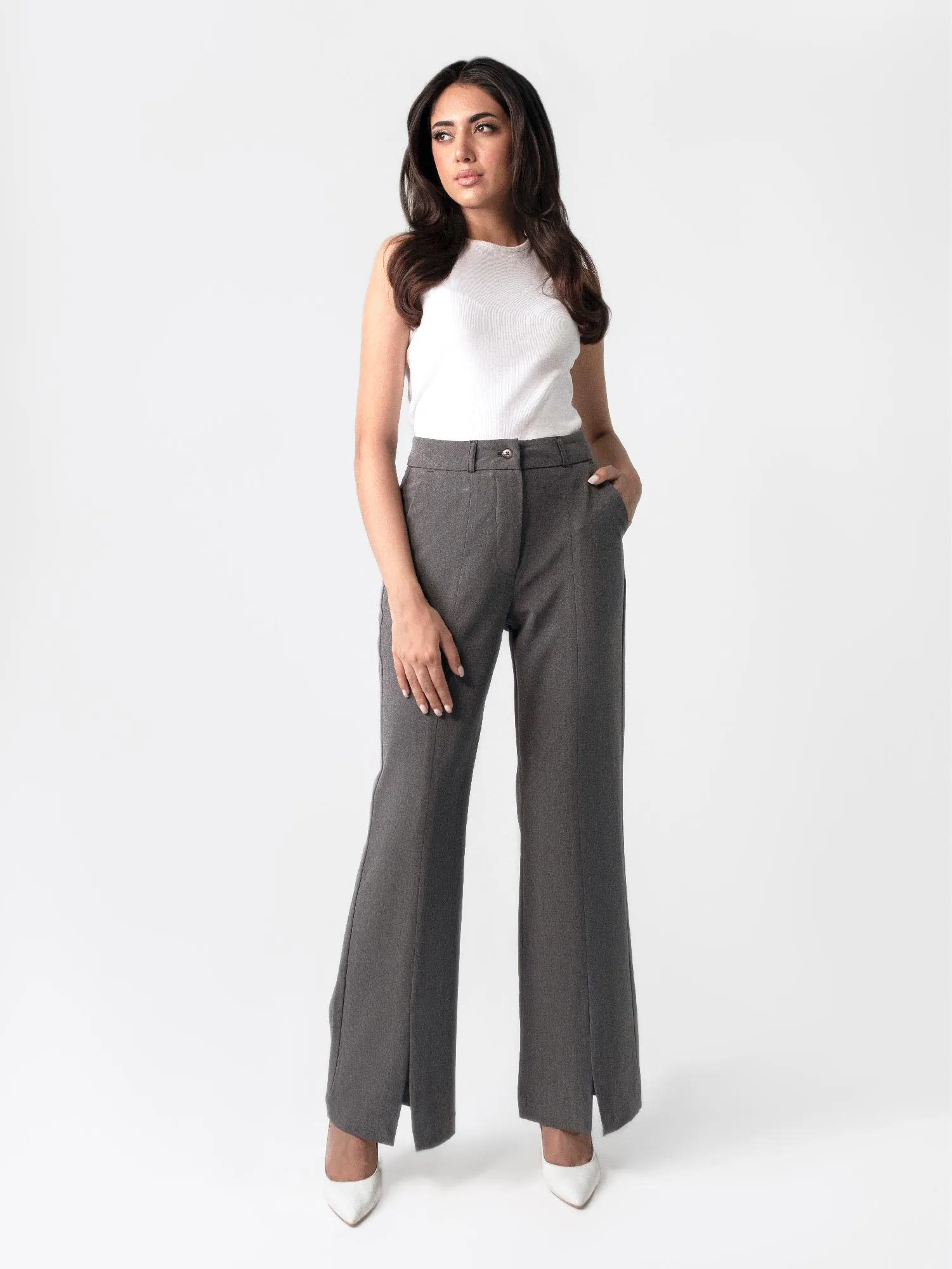 Grey Flared Front Slit Pants