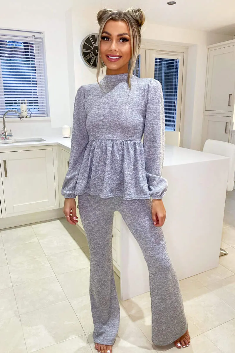 Grey Marl Long Sleeve Peplum Lounge Set