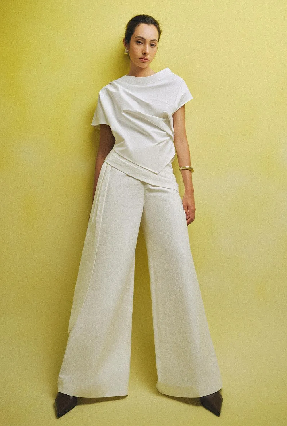 Ha Flared Waist Pleated Linen Blend Floor Length Pants