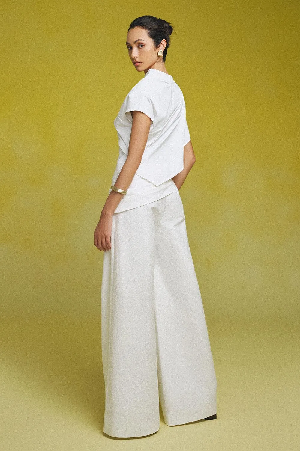 Ha Flared Waist Pleated Linen Blend Floor Length Pants