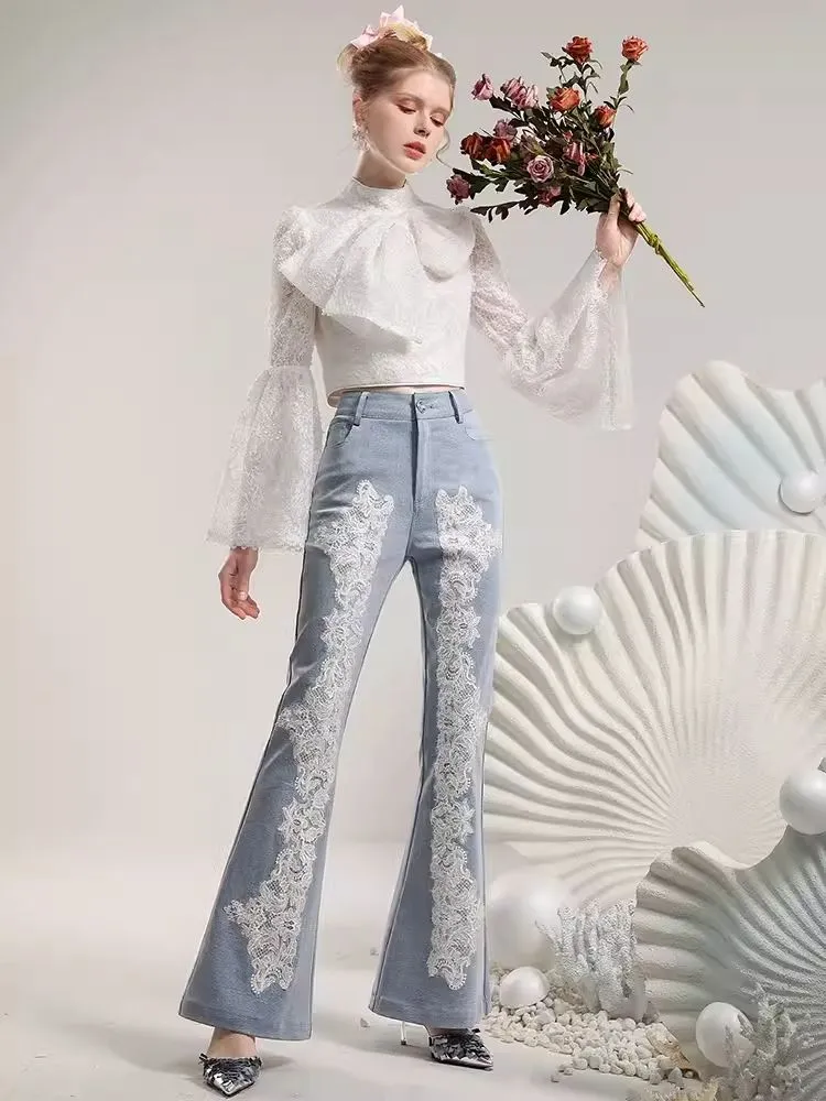 Heavy Lace Flower Waisted Slim Flared Pants【s0000006835】