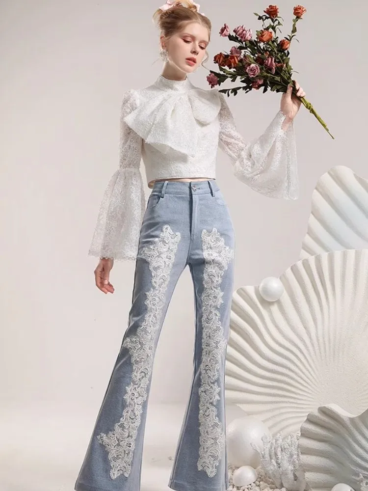 Heavy Lace Flower Waisted Slim Flared Pants【s0000006835】