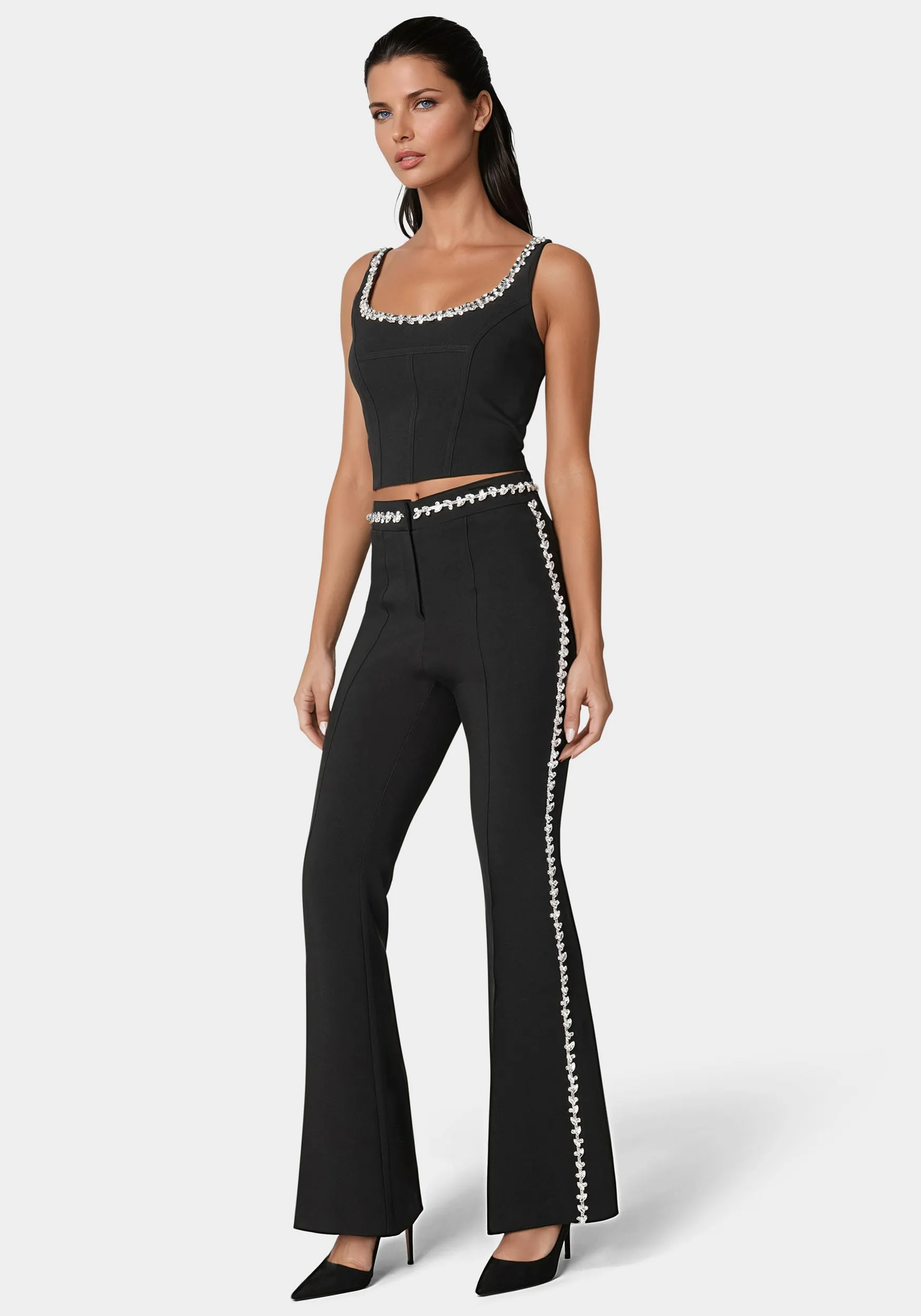 High Waist Rhinestone Trim Flared Pant