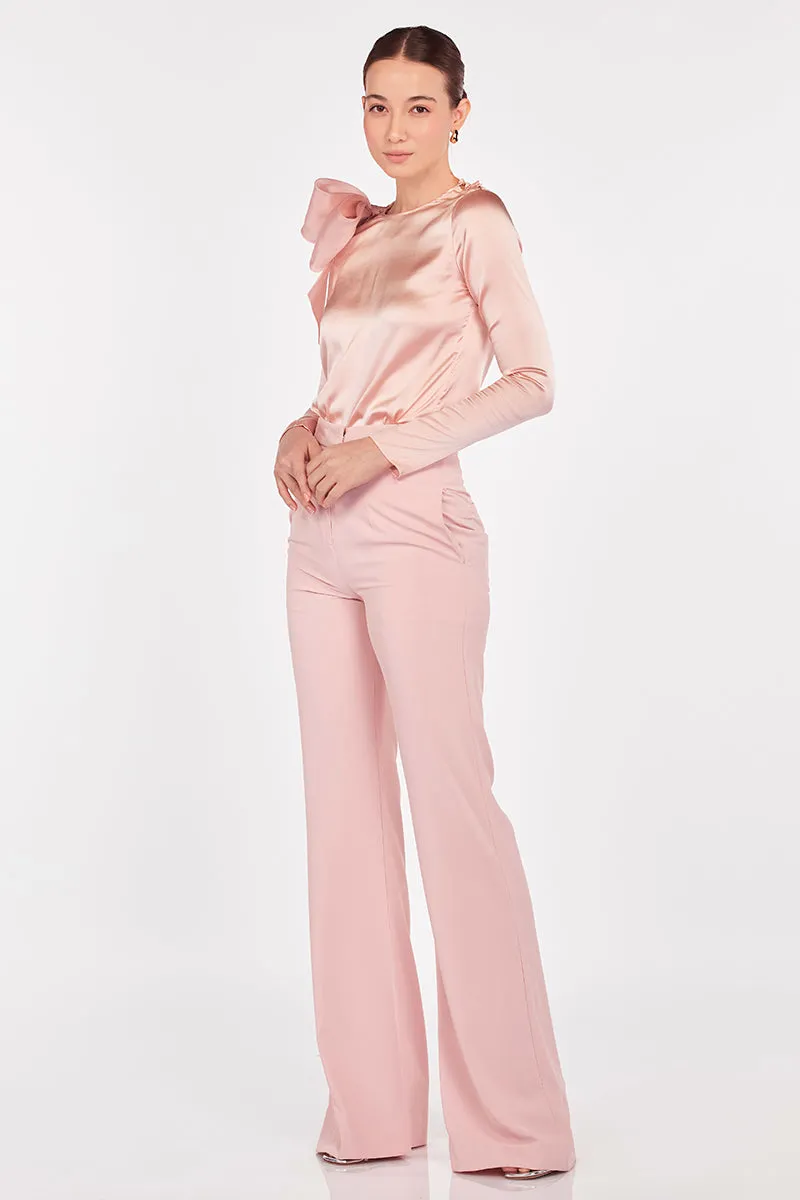 High Waisted Flare Leg Trousers in Blush Pink