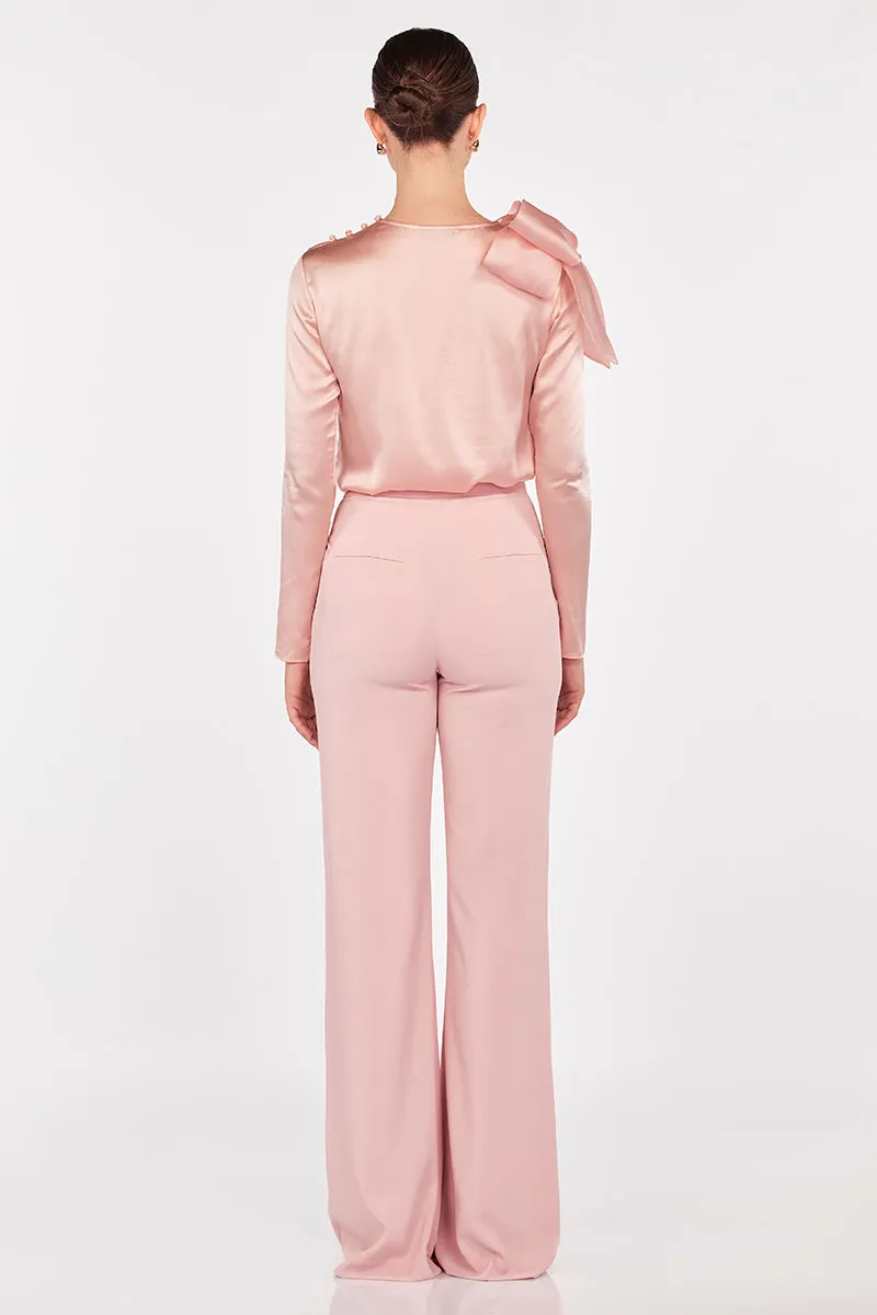 High Waisted Flare Leg Trousers in Blush Pink