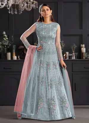 Ice Blue Embroidered Indian Designer Anarkali