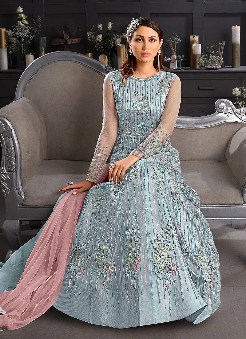 Ice Blue Embroidered Indian Designer Anarkali