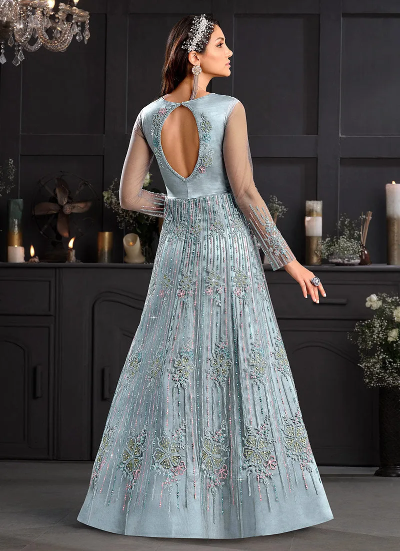 Ice Blue Embroidered Indian Designer Anarkali