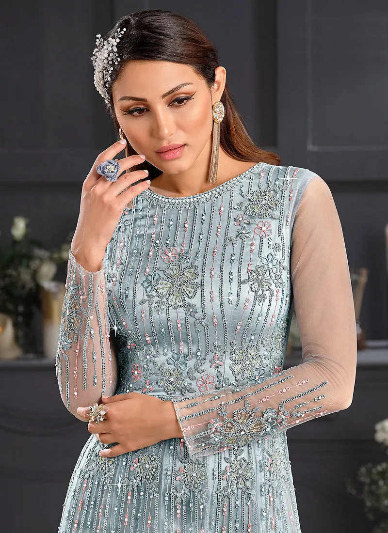 Ice Blue Embroidered Indian Designer Anarkali