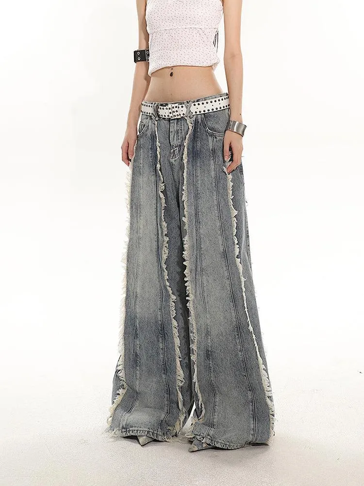 Indigo Fringe Design Flared Wide-Leg Denim Pants