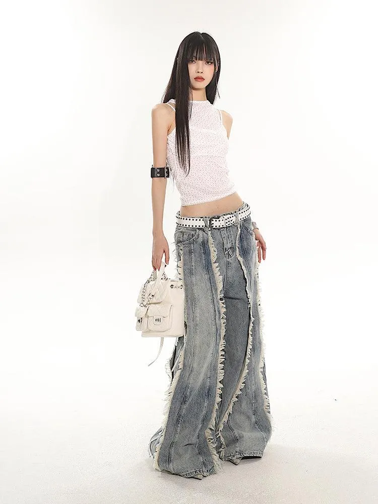 Indigo Fringe Design Flared Wide-Leg Denim Pants