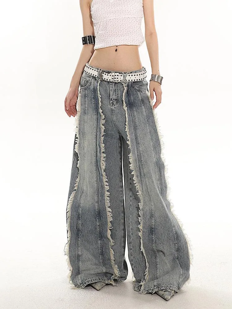 Indigo Fringe Design Flared Wide-Leg Denim Pants