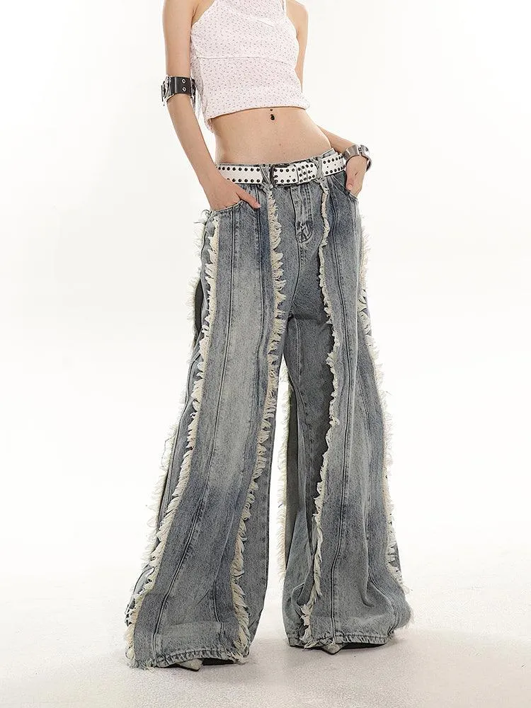 Indigo Fringe Design Flared Wide-Leg Denim Pants